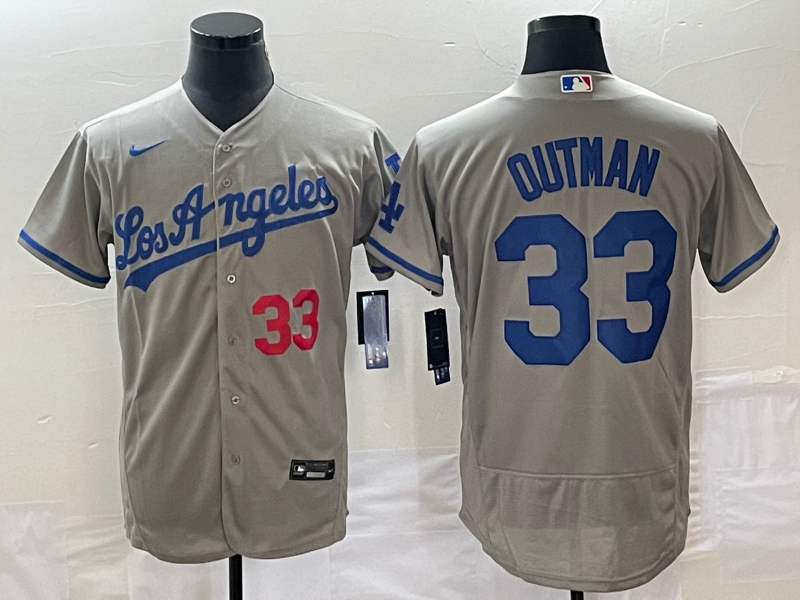 Men's Los Angeles Dodgers #33 James Outman Gray Flex Base Stitched Baseball Jersey Men's Los Angeles Dodgers #33 James Outman Gray Flex Base Stitched Baseball Jersey
